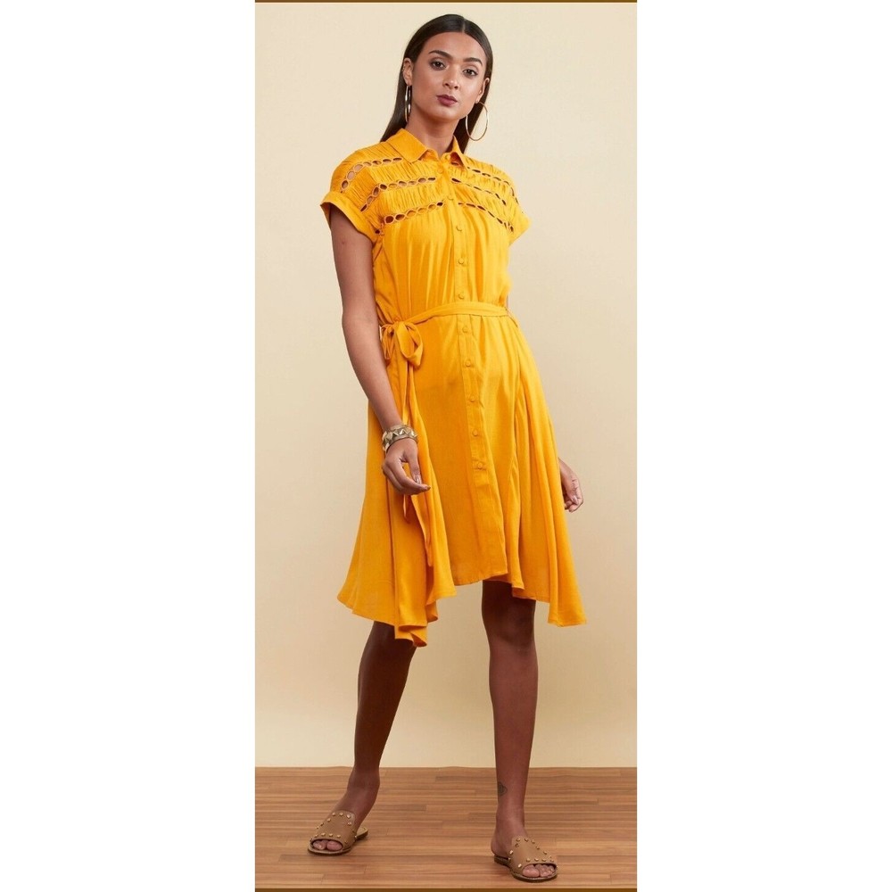 Label Ritu Kumar Women Medium Yellow Self-Work Short Dress Button Down Belted